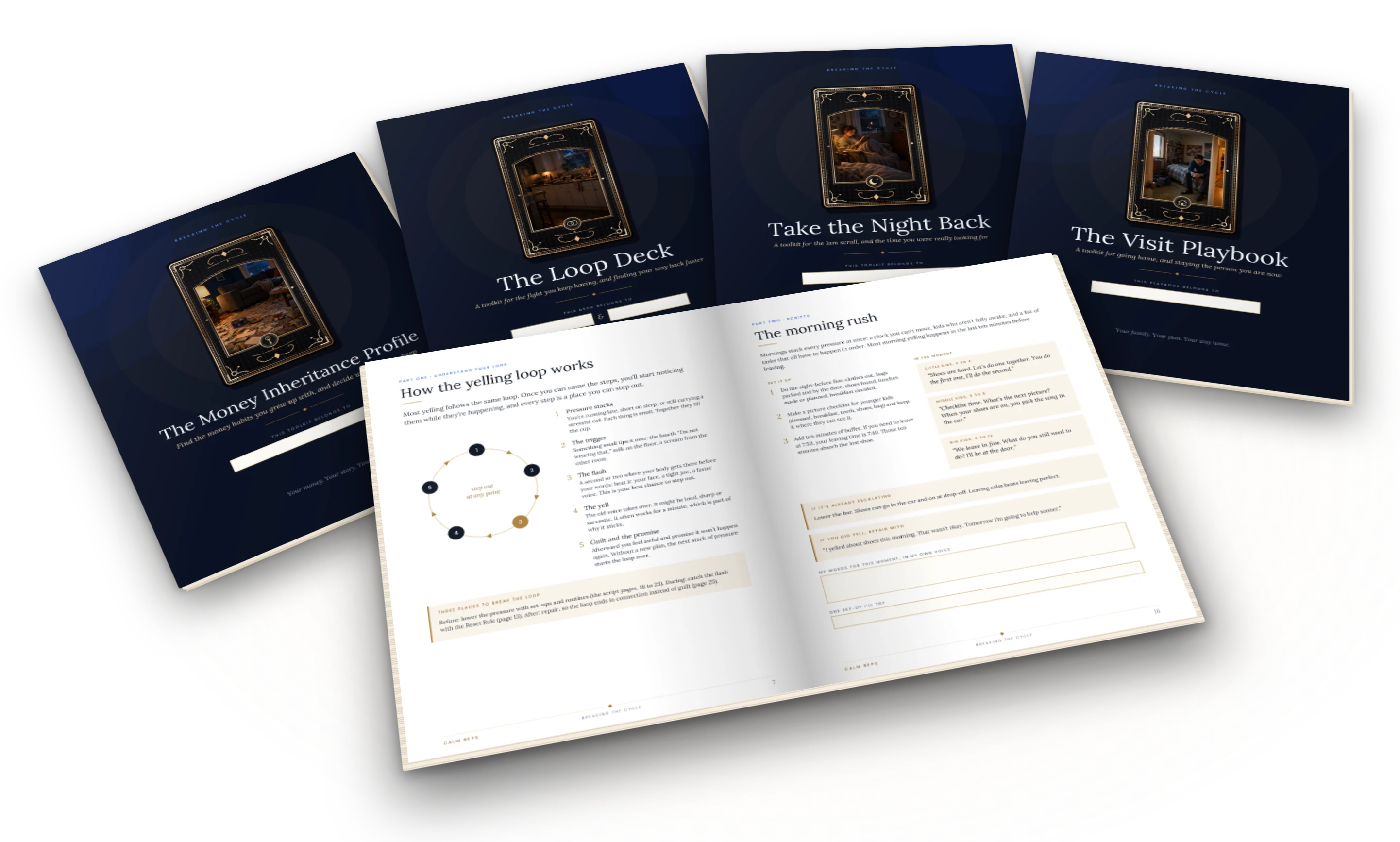 The five Breaking the Cycle kits printed out: Calm Reps open to two inside pages, with the other four kits fanned behind.