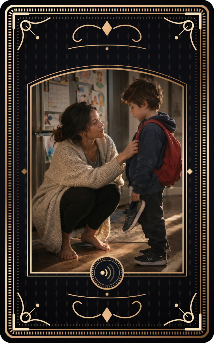 A mom crouches to talk quietly with her son before school.