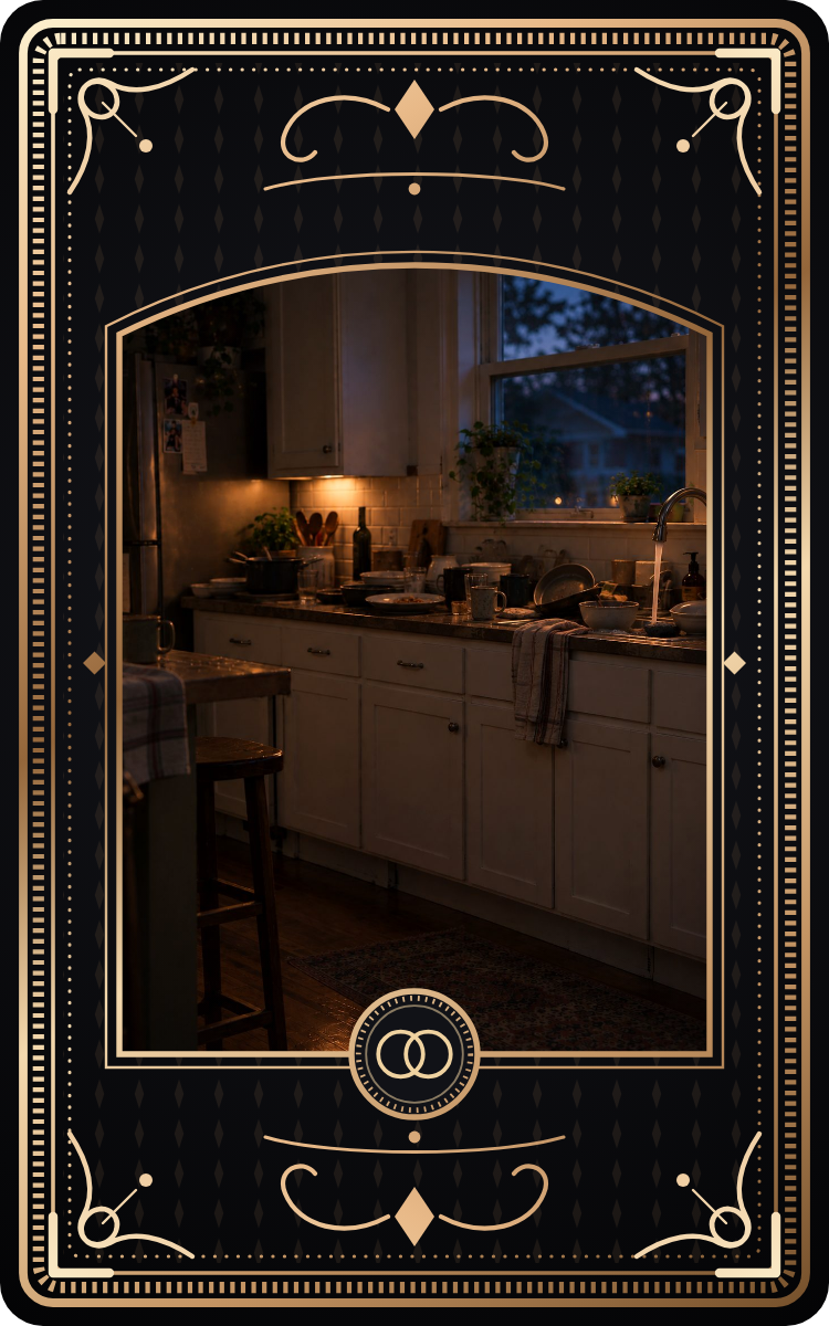A kitchen at dusk with dishes stacked by the sink and the tap still running.