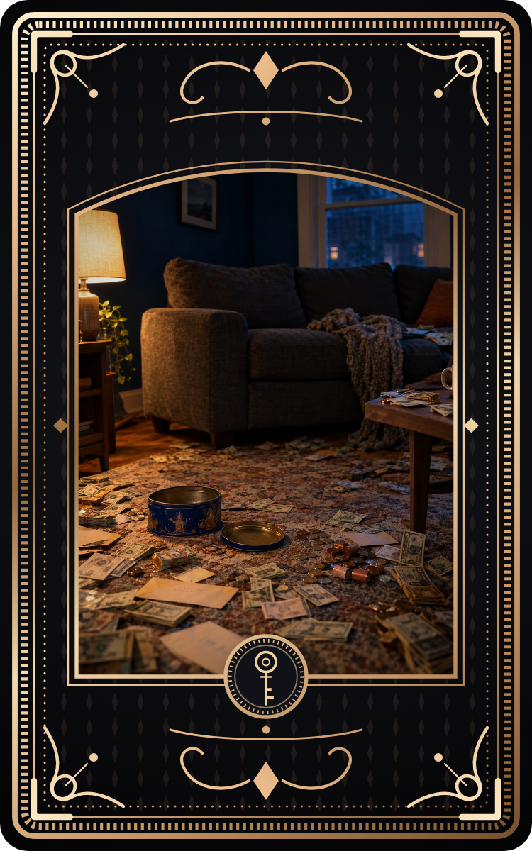 Cash, coins and old envelopes spread across a dark living room floor beside an open cookie tin.