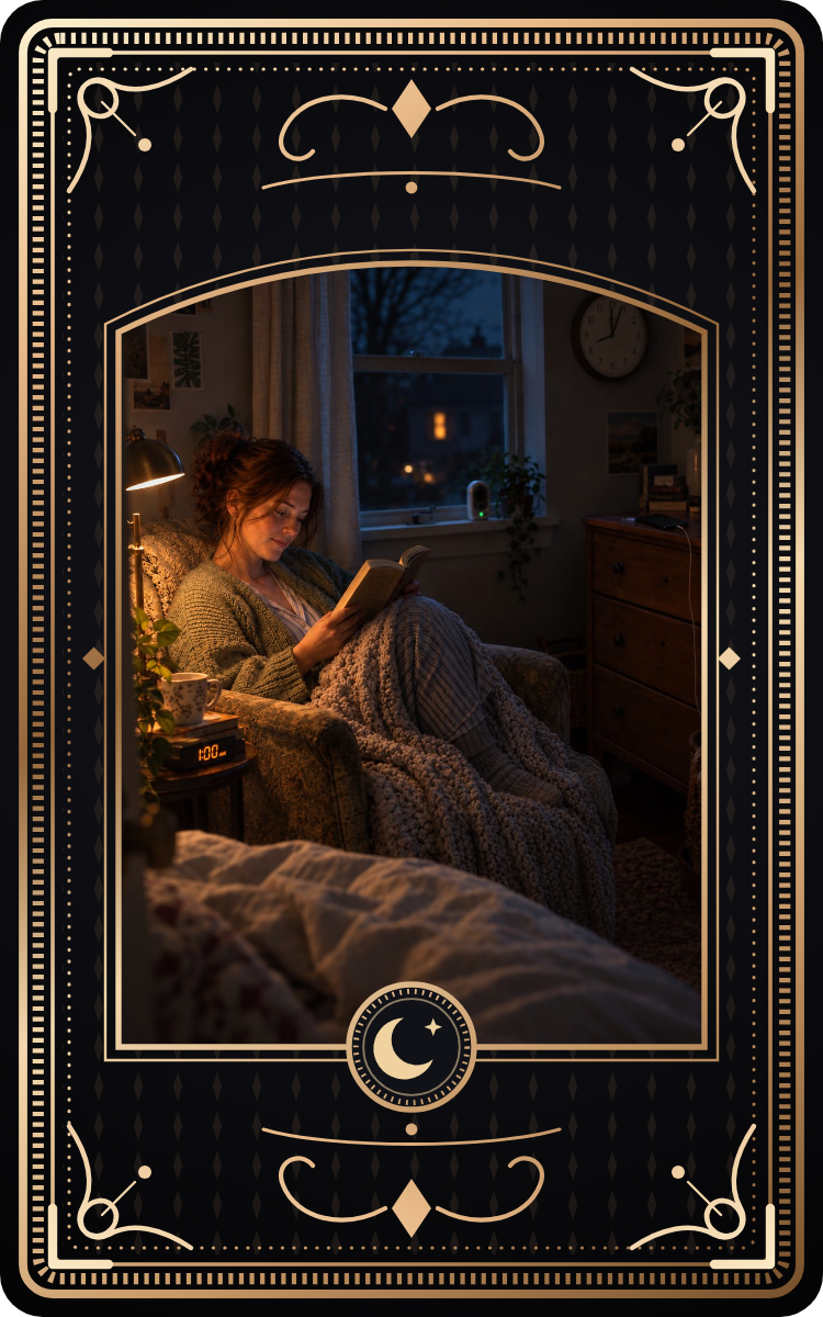 A woman reads in an armchair late at night, wrapped in a thick blanket with a lamp glowing beside her.