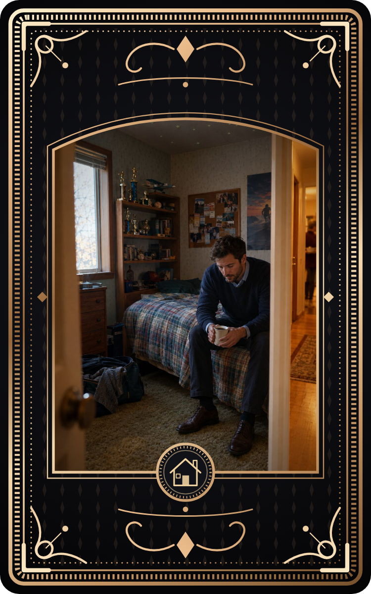 A man sits on the bed in his childhood bedroom during a holiday visit, holding a mug of coffee.